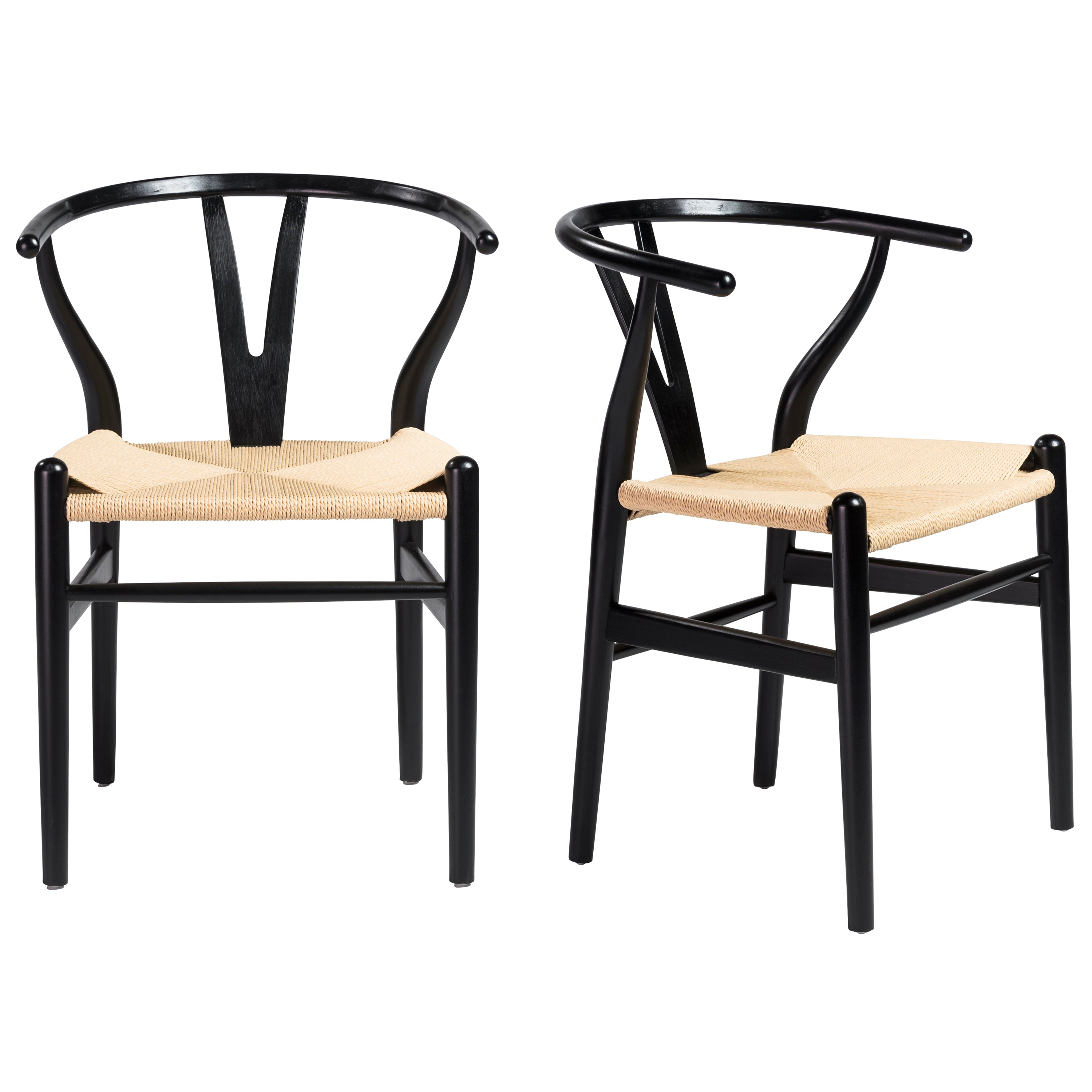 Evelina Side Chair in Black with Natural Rush Seat - Set of 2