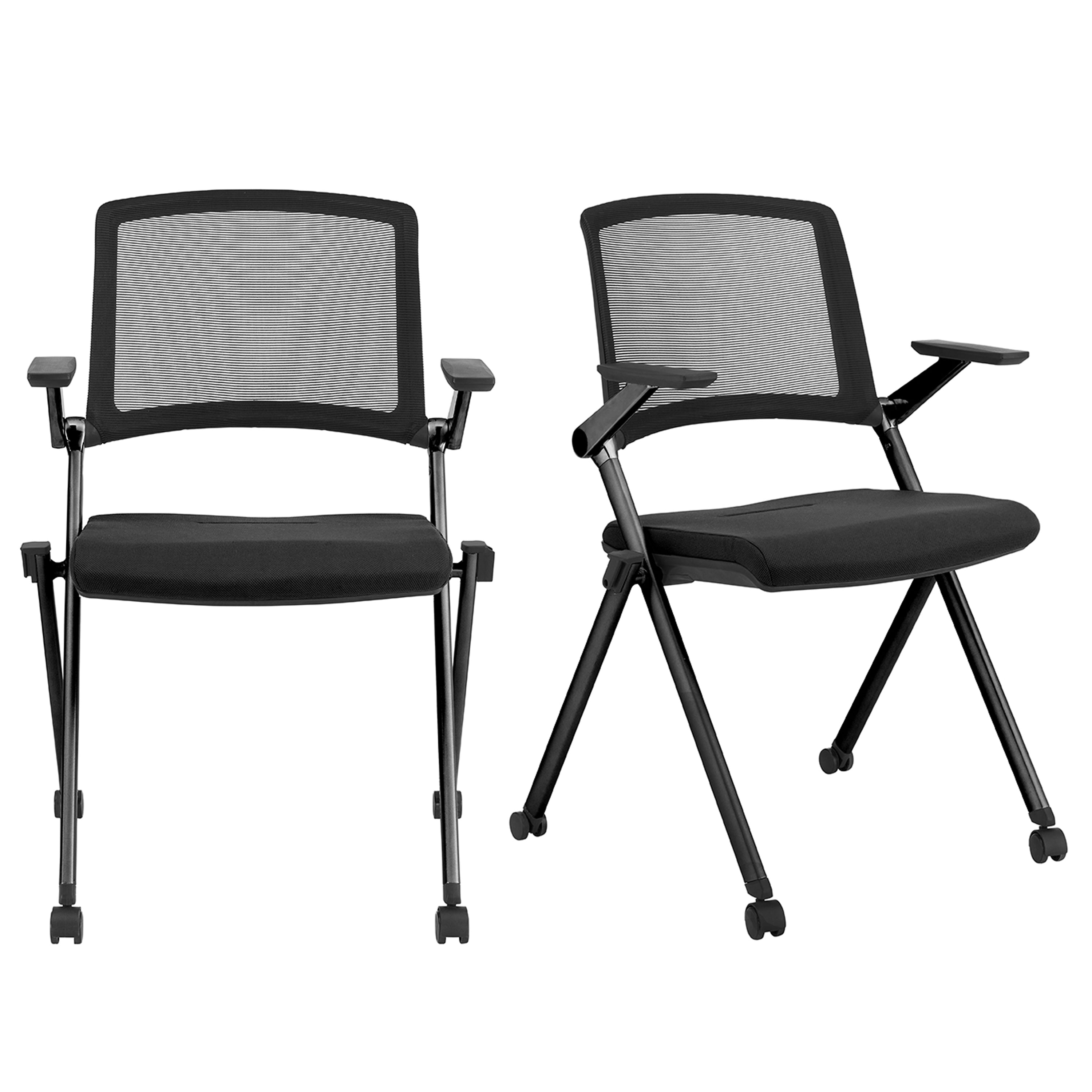 Reino Stacking Visitor Chair with Black Seat Fabric and Black Mesh Back with Matte Black Frame - Set of 2