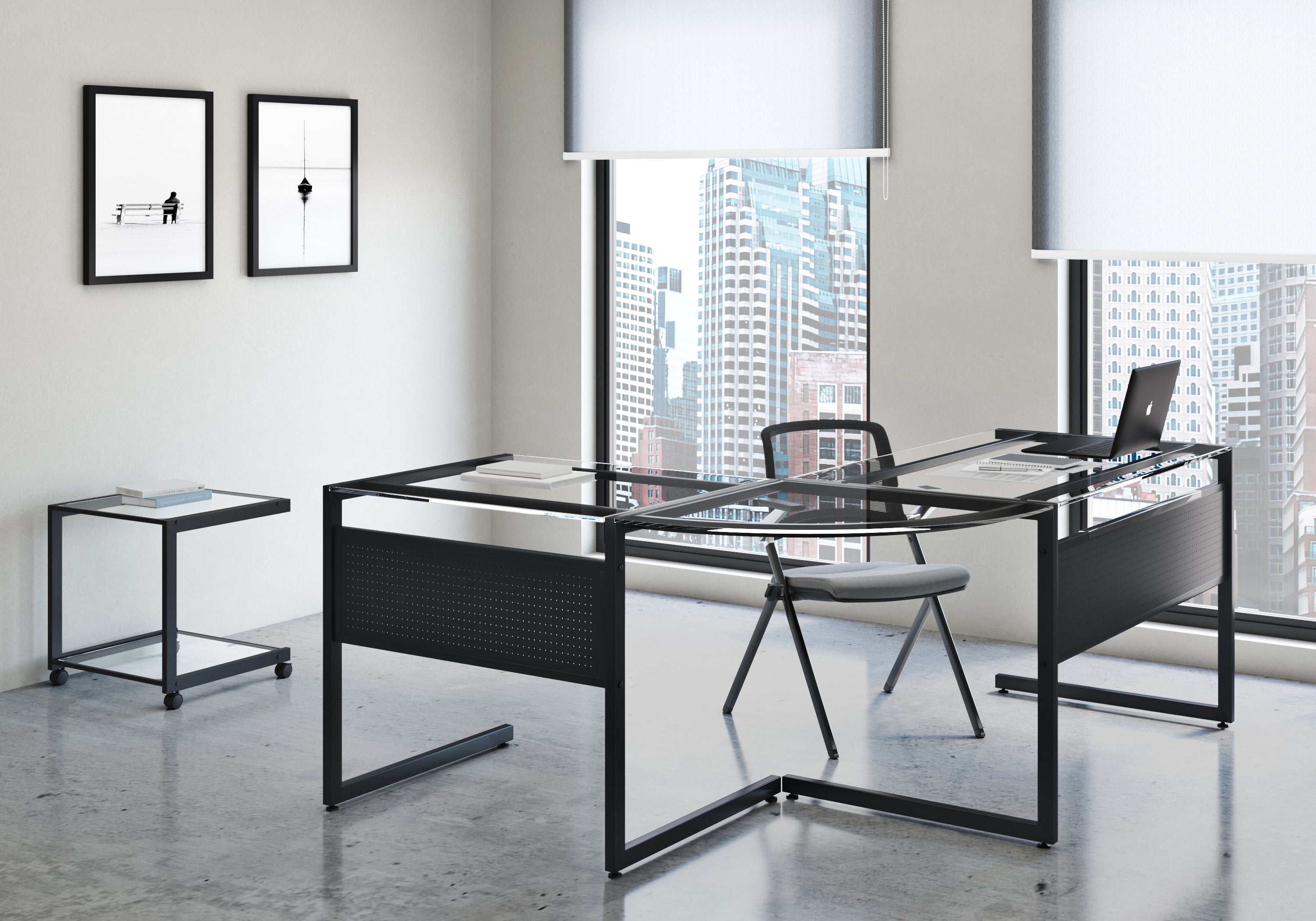 Caesar Corner Desk in Black with Clear Tempered Glass Top