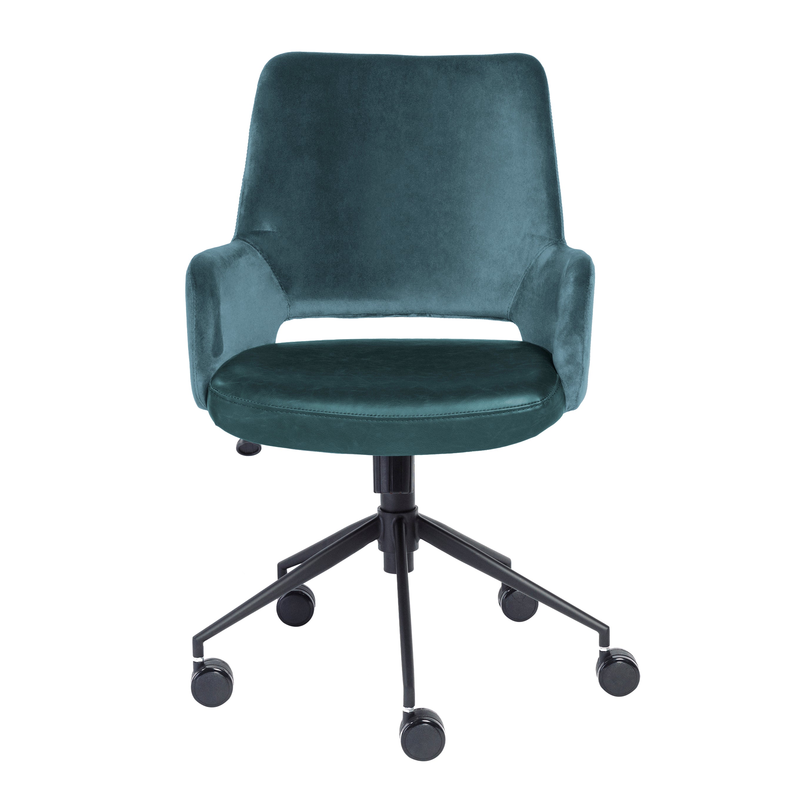 Desi Tilt Office Chair in Blue Velvet Fabric and Leatherette with Black Base