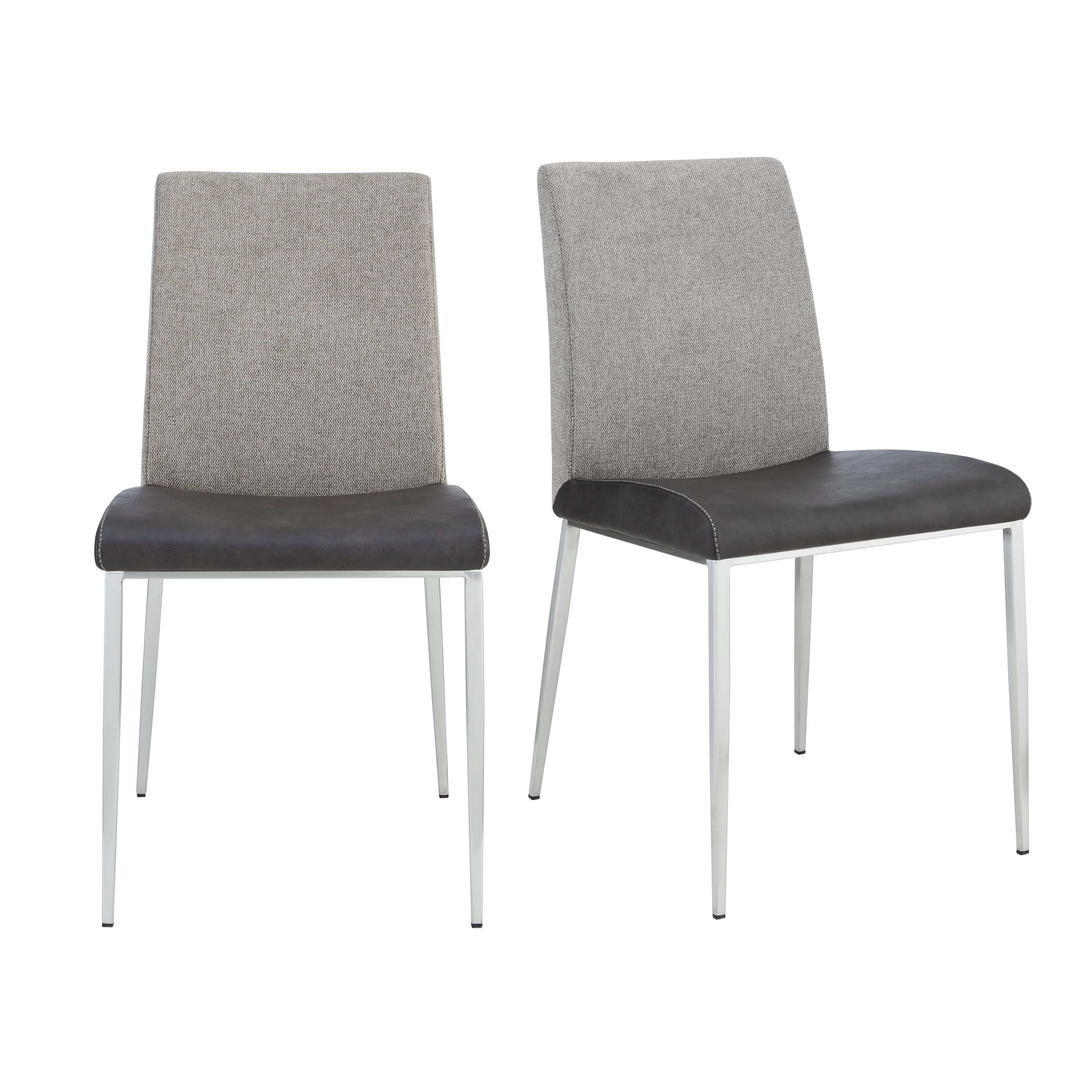 Rasmus Side Chair with Dark Gray Leatherette and Light Brown Fabric with Brushed Stainless Steel Legs - Set of 2