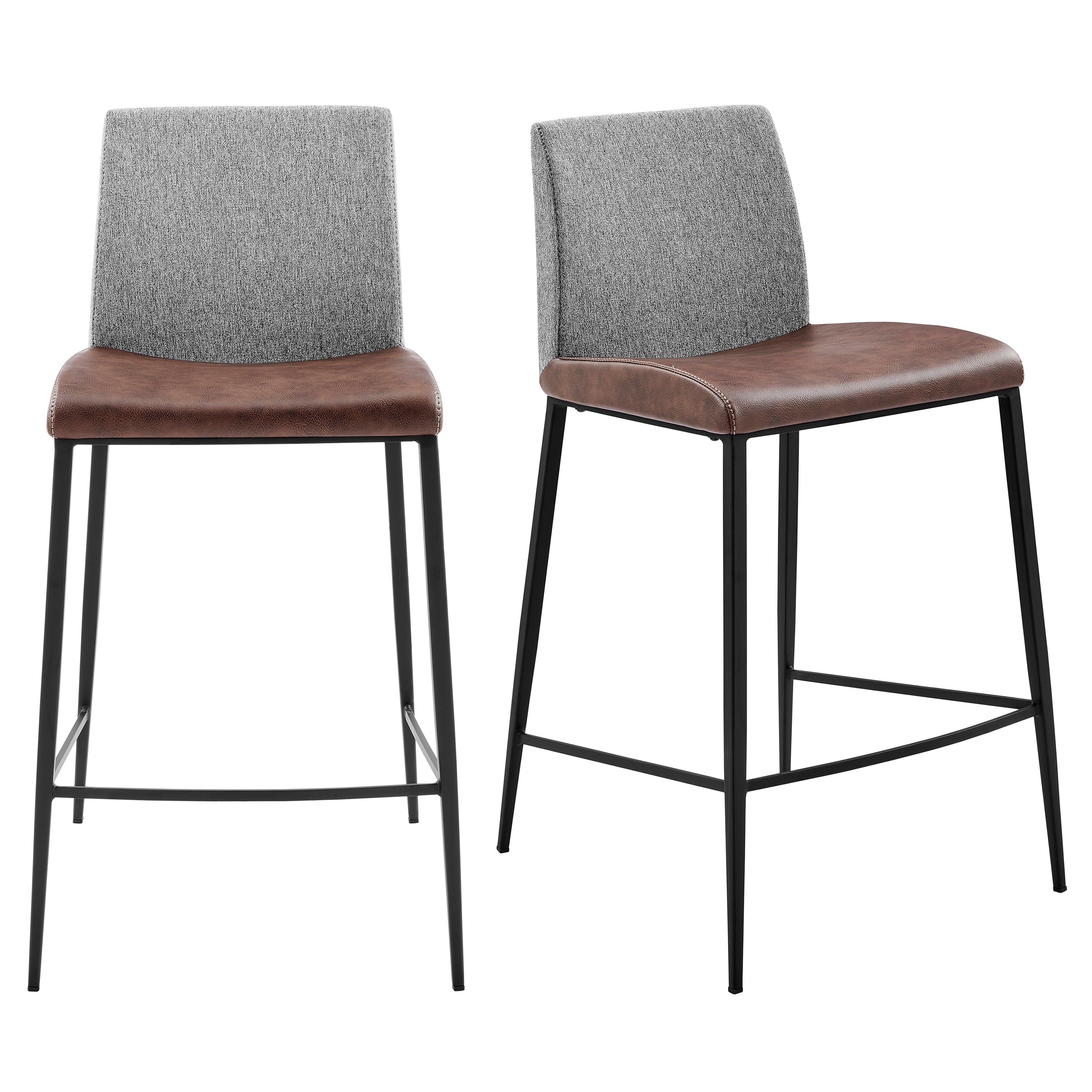 Rasmus Counter Stool with Light Brown Leatherette and Gray Fabric with Matte Black Legs - Set of 2