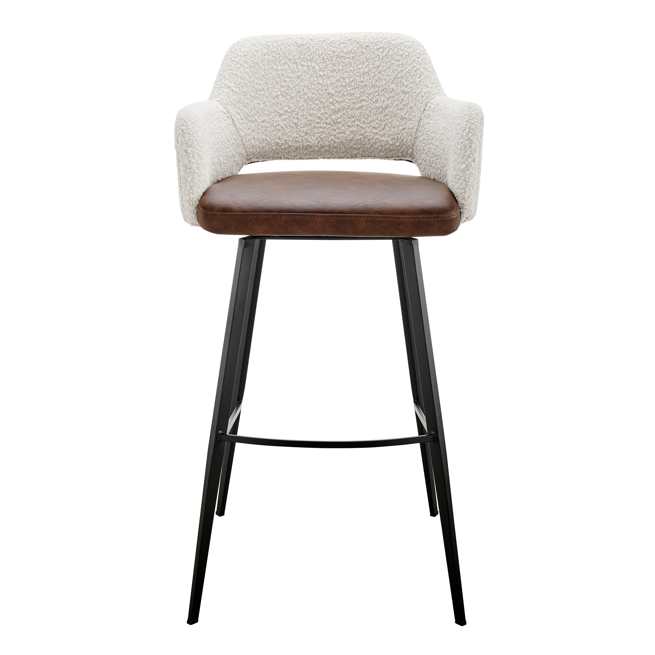 Desi Swivel Bar Stool in Ivory Fabric and Light Brown Leatherette with Black Base - Set of 1