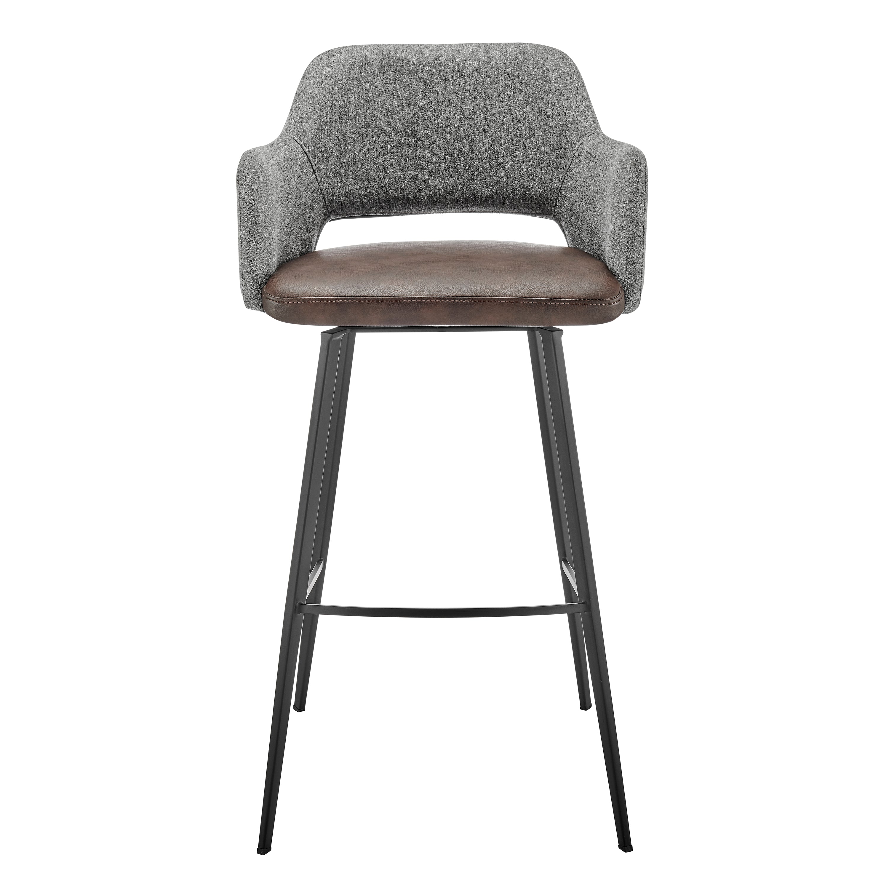 Desi Swivel Bar Stool in Gray Fabric and Light Brown Leatherette with Black Base - Set of 1