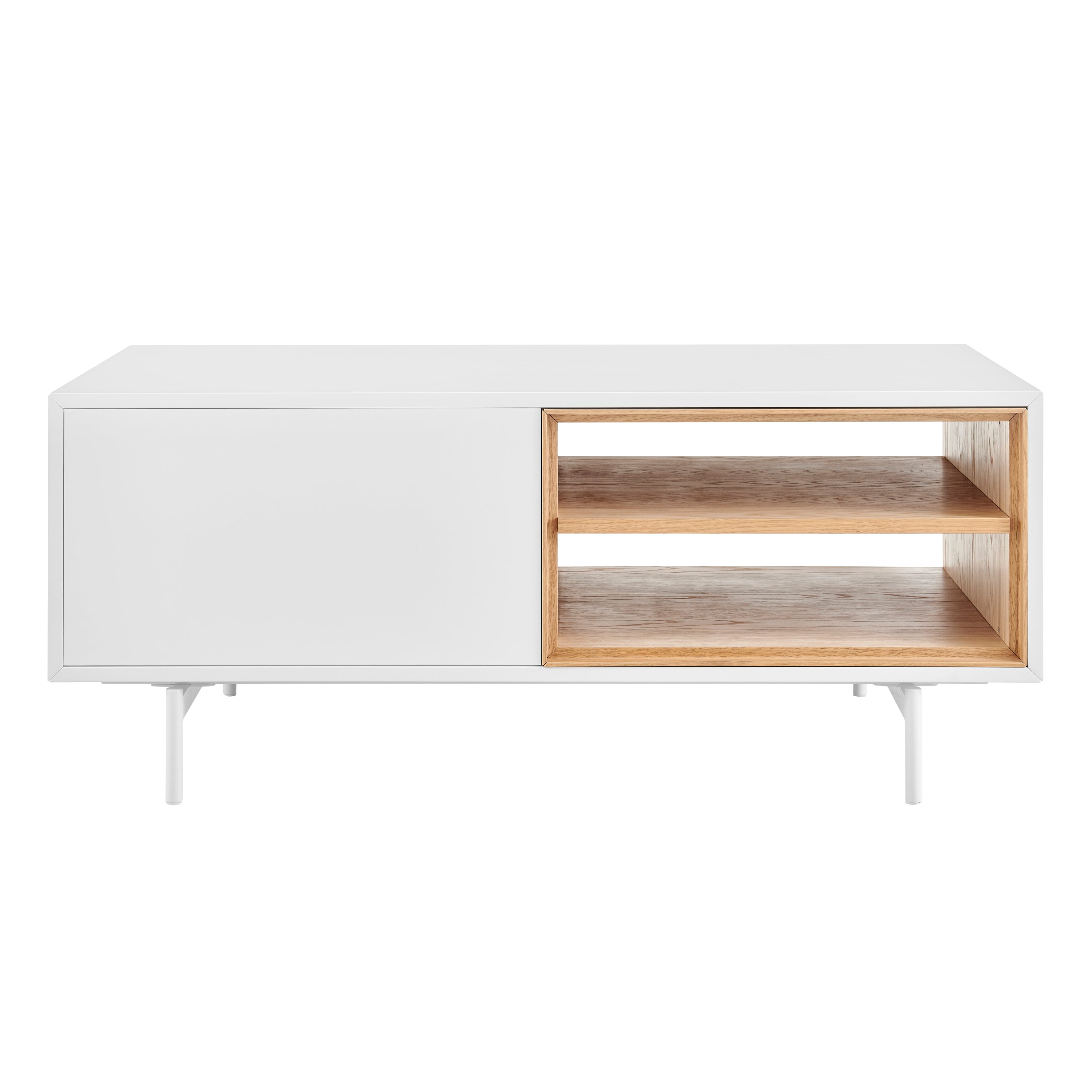 Bodie Coffee Table with Open Storage in Oak, Doors and Legs in Matte White