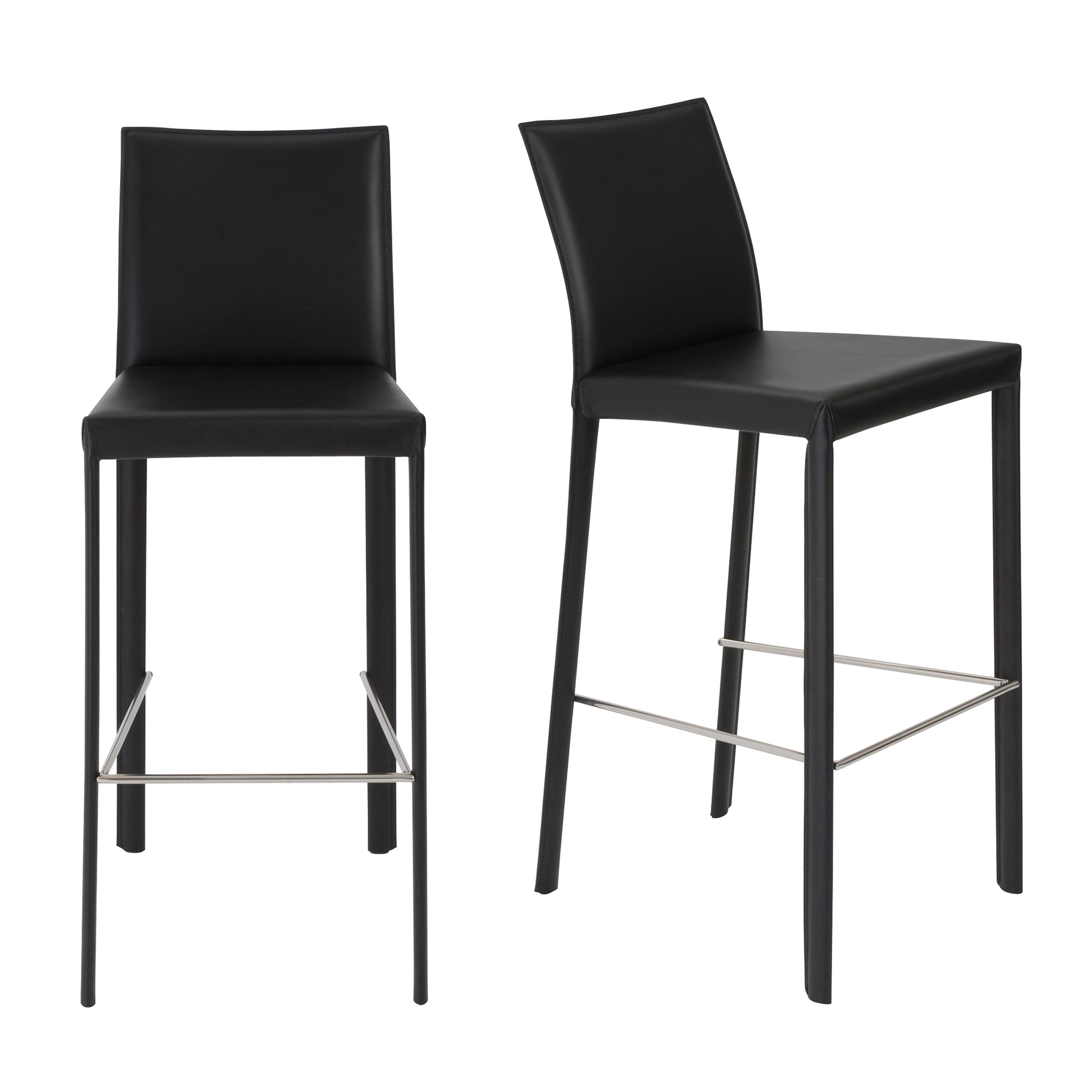 Hasina Bar Stool in Black with Polished Stainless Steel Footrest - Set of 2