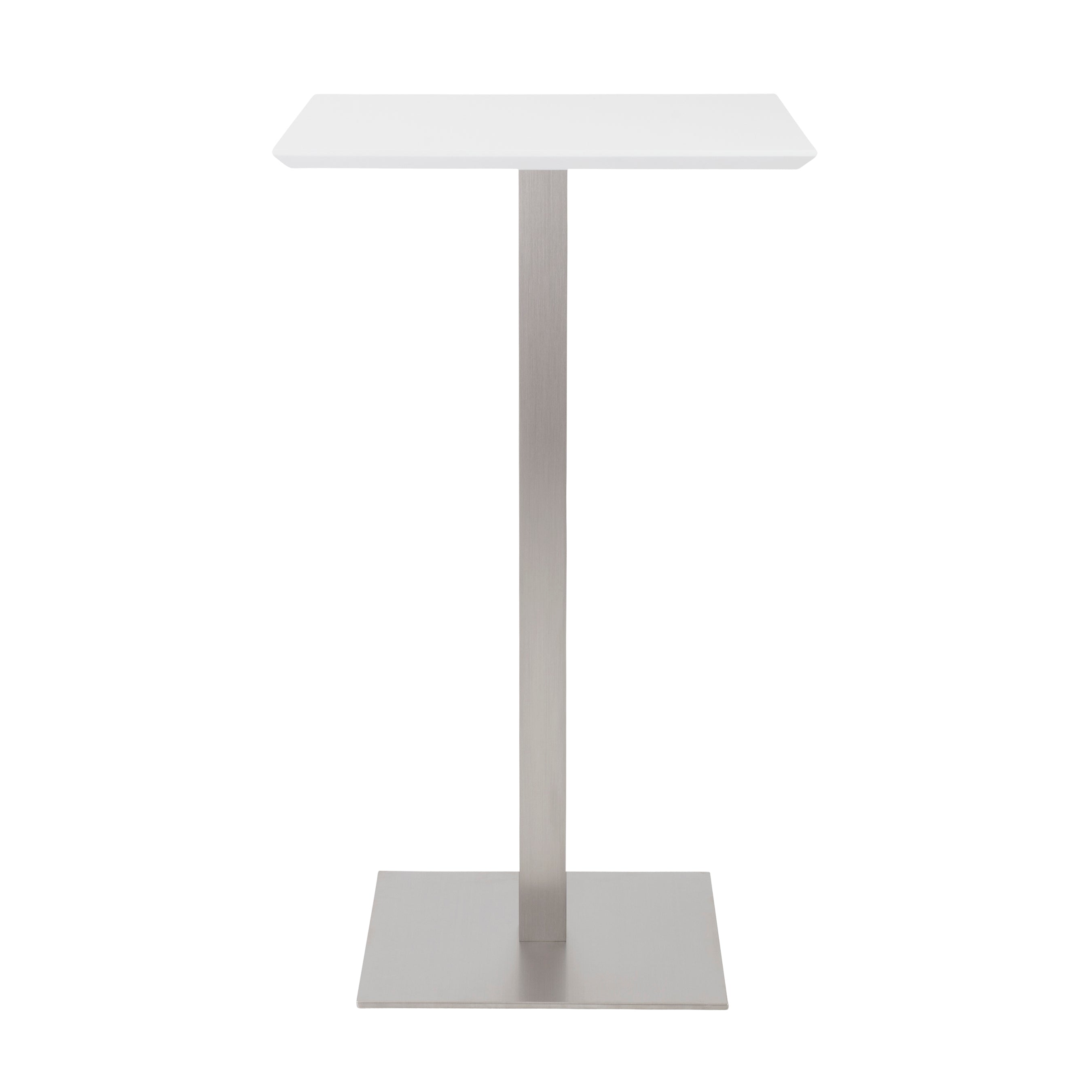 Elodie Bar Table in Matte White with Brushed Stainless Steel Column and Base