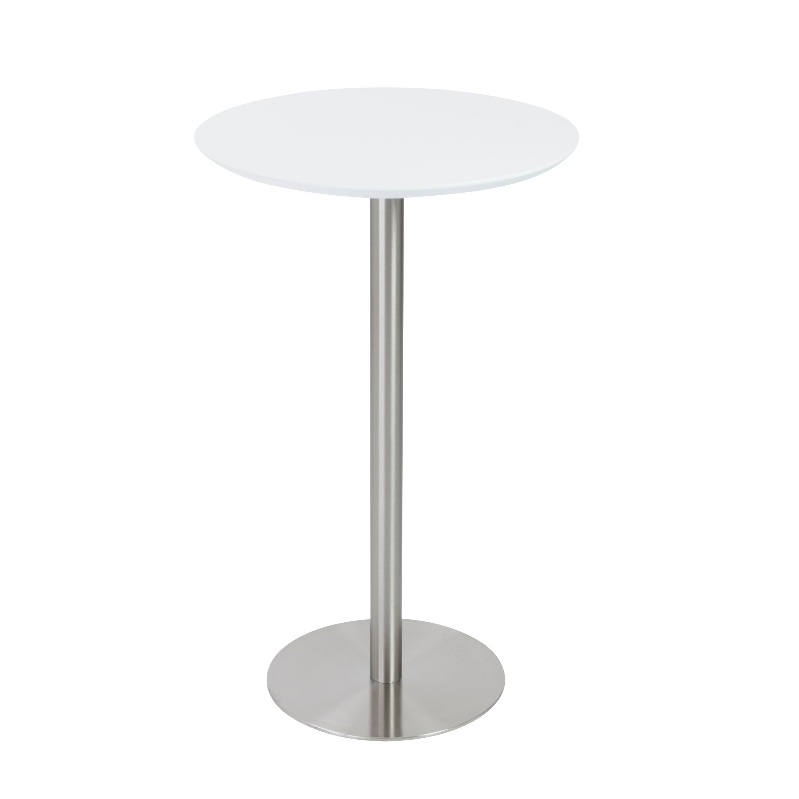 Cookie 26" Bar Table in Matte White with Brushed Stainless Steel Column and Base