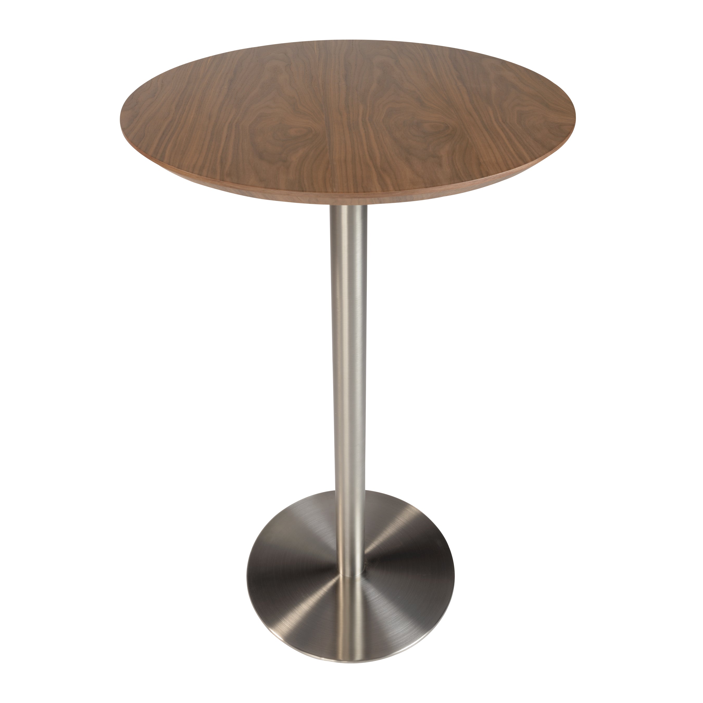 Cookie Bar Table in Walnut with Brushed Stainless Steel Column and Base