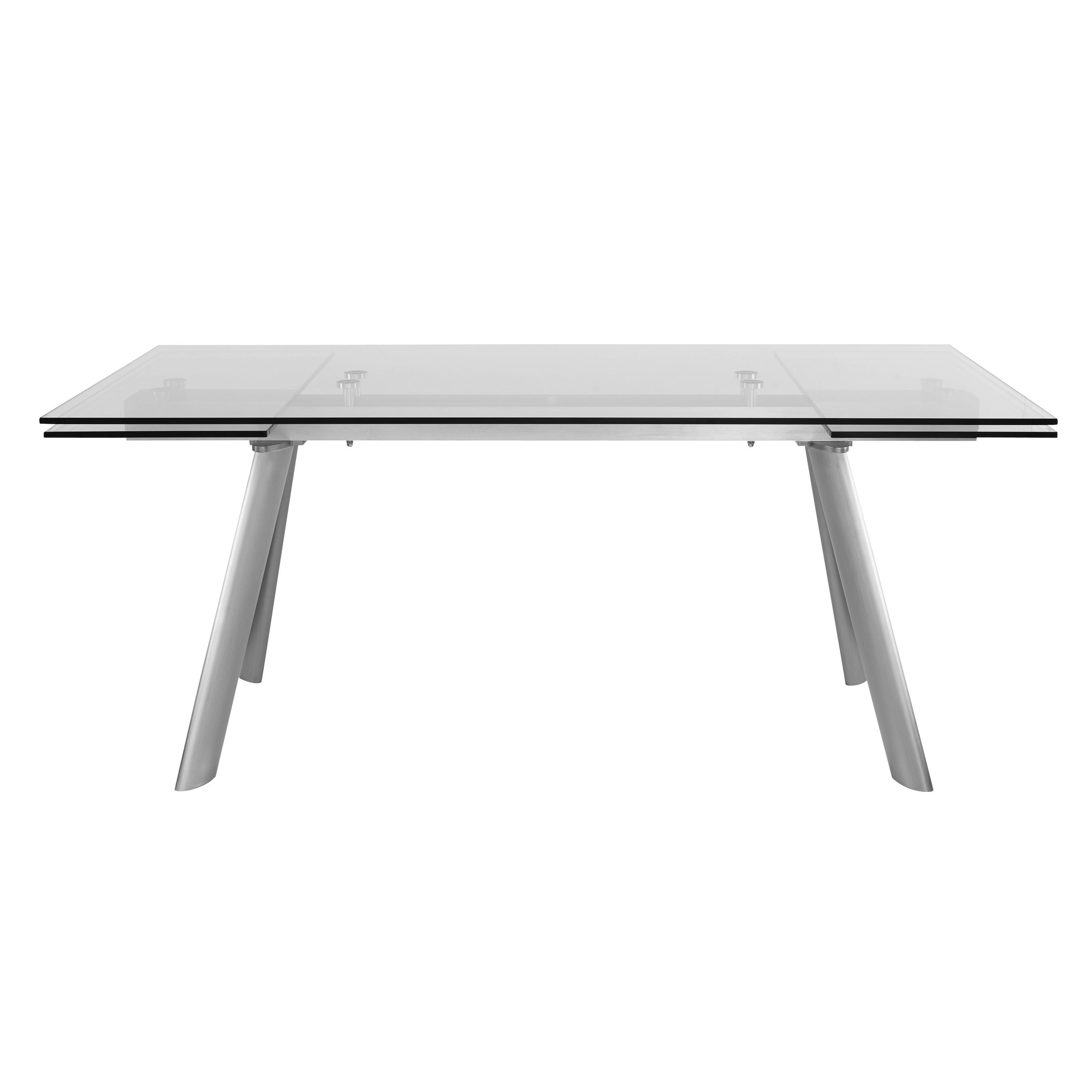 Delano Rectangle Extension Table with Clear Tempered Glass Top and Brushed Stainless Steel Legs