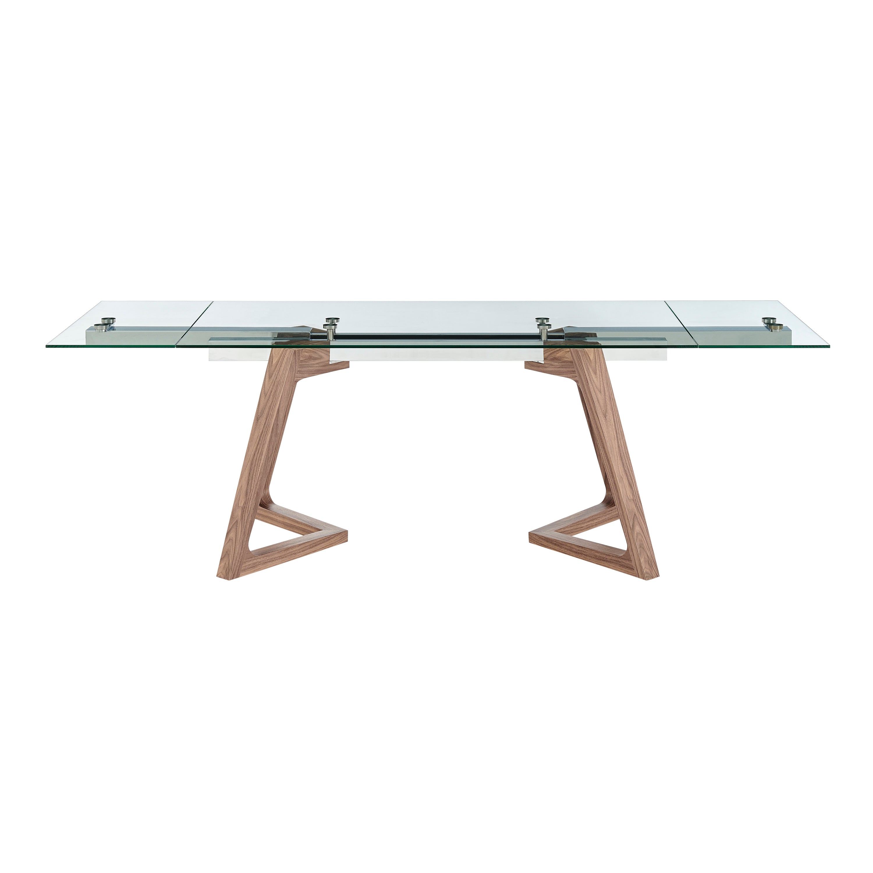 Donar Extension Table in Clear Tempered Glass Top and American Walnut Veneer Solid Wood Base