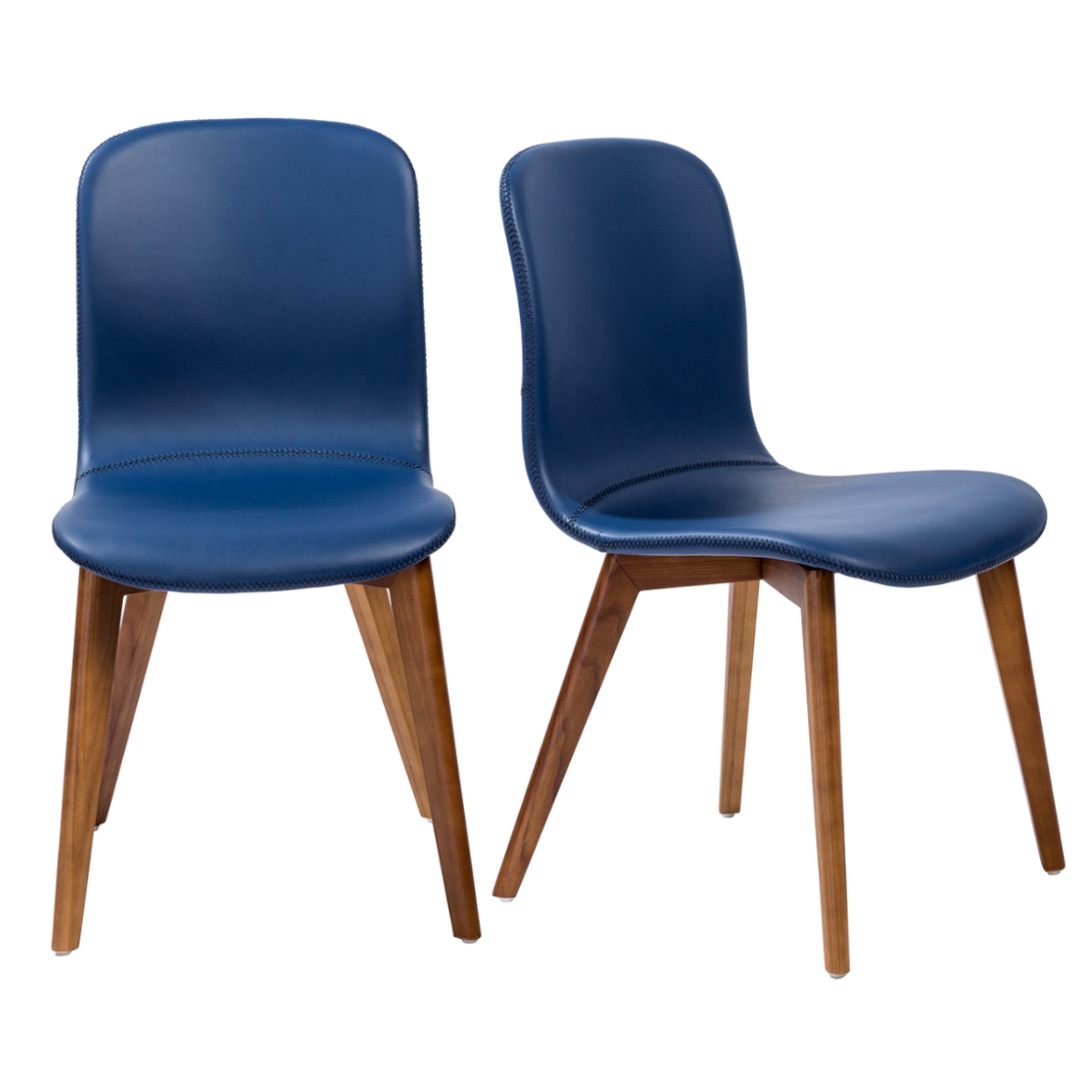 Mai Side Chair in Blue Leatherette with Walnut Stained Solid Wood Legs - Set of 2