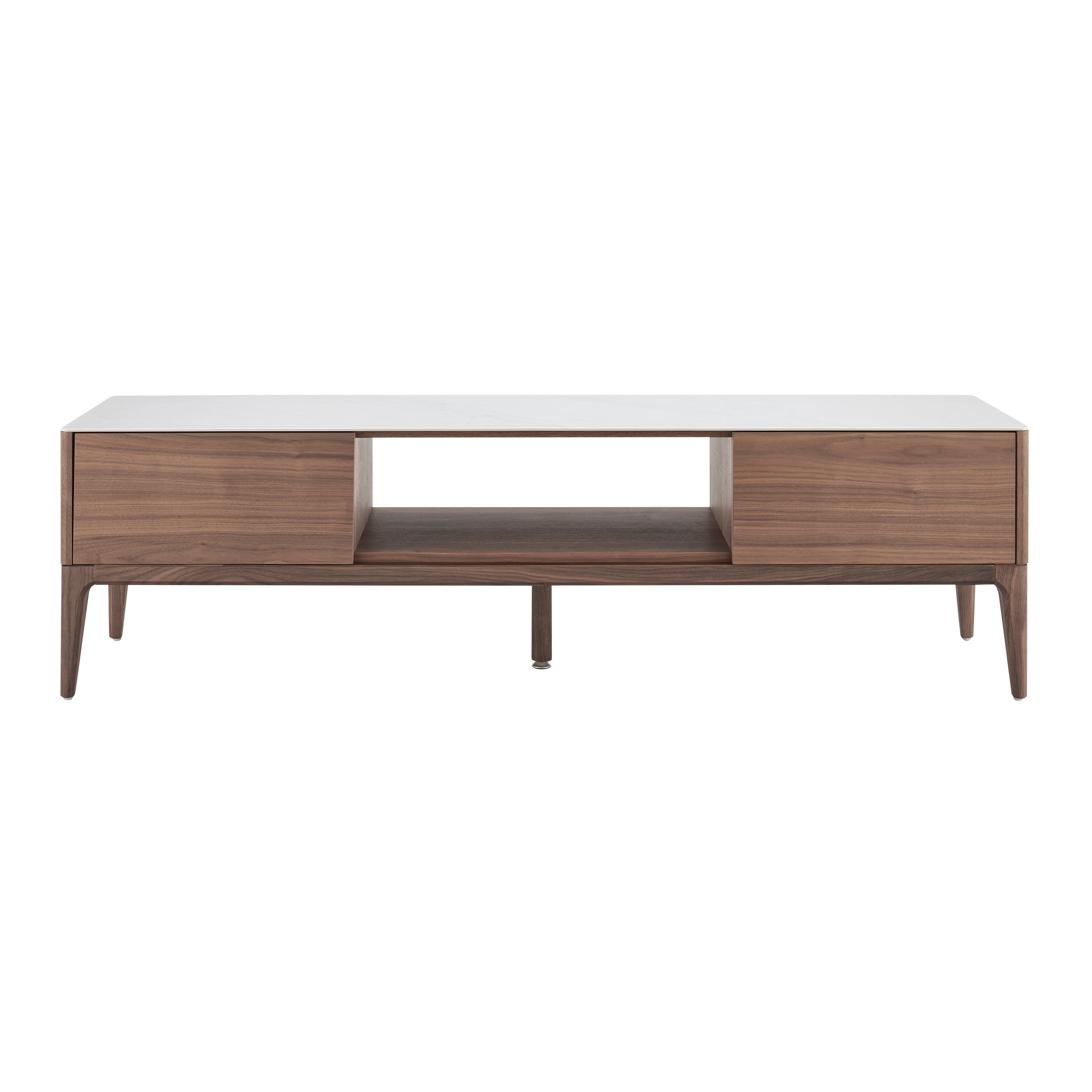 Haldis 71" Media Stand in White Ceramic Glass and Walnut