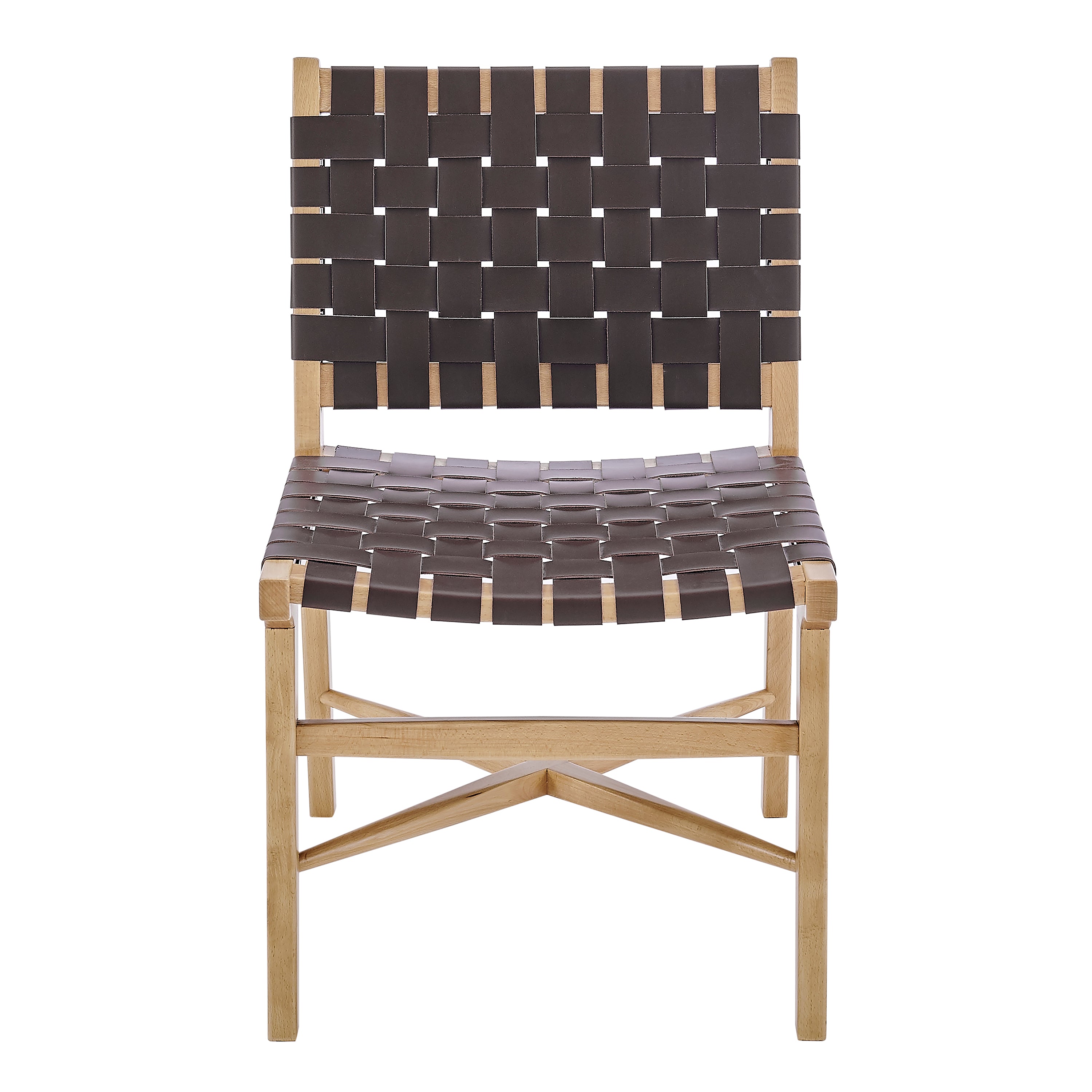 Evangeline Side Chair in Natural Beech Wooden Frames with Brown woven Regenerated Leather Seat & Back - Set of 1