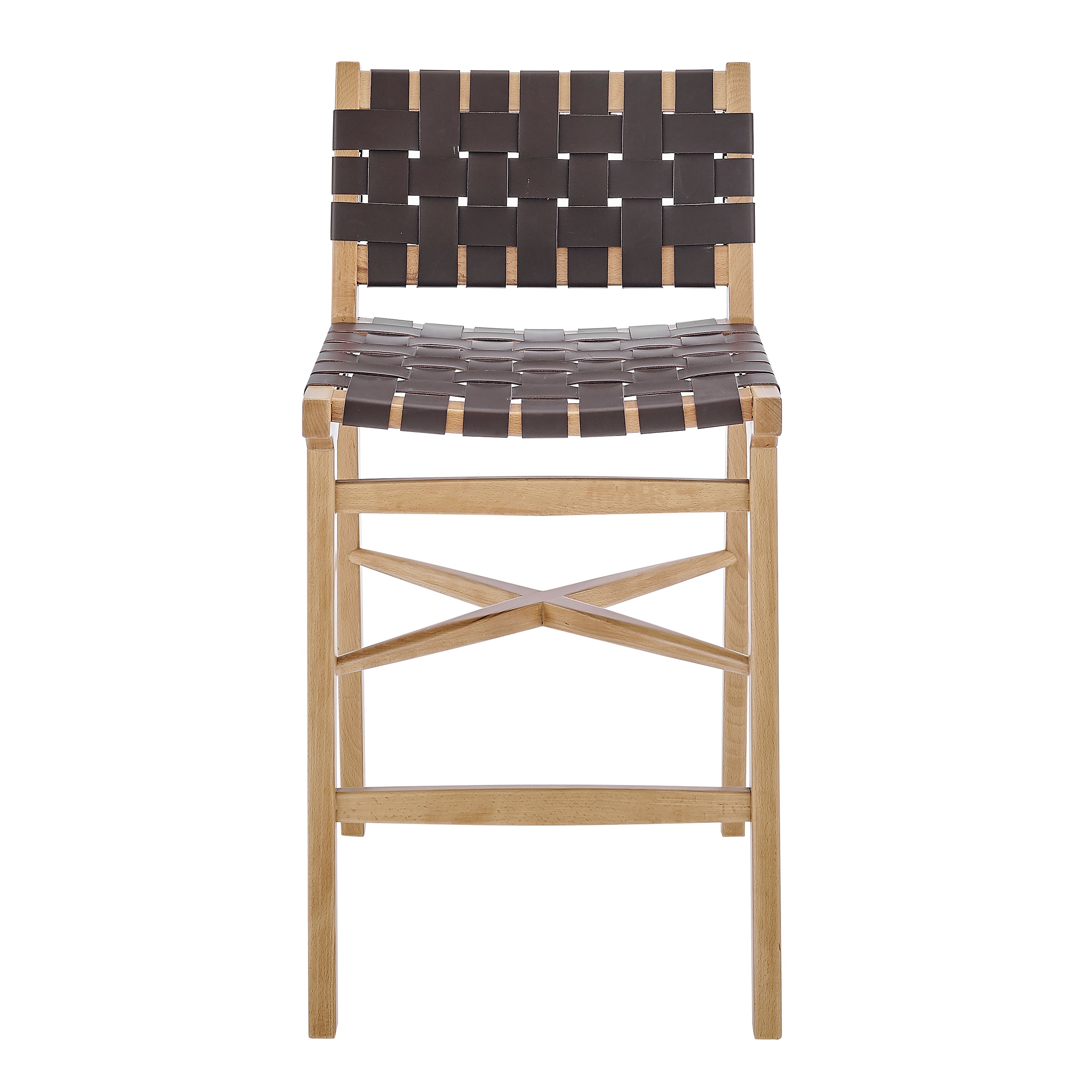 EvangelineÂ Counter Stool in Natural Beech Wooden Frames with Brown woven PU Seat & Back - Set of 1