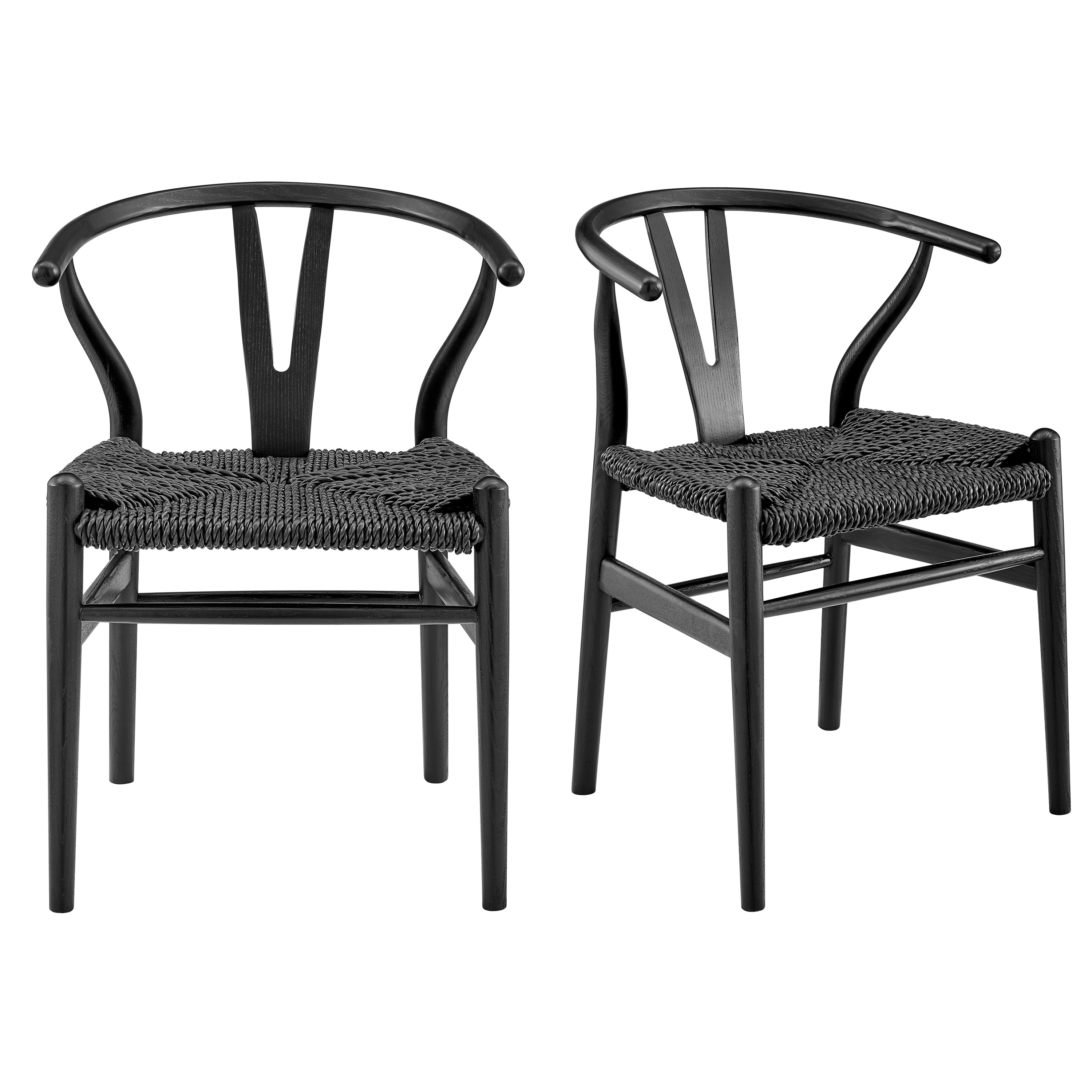 Evelina Outdoor Side Chair in Heat Treated Ash Frame in Matte Black Color and Black Rattan Seat - Set of 2