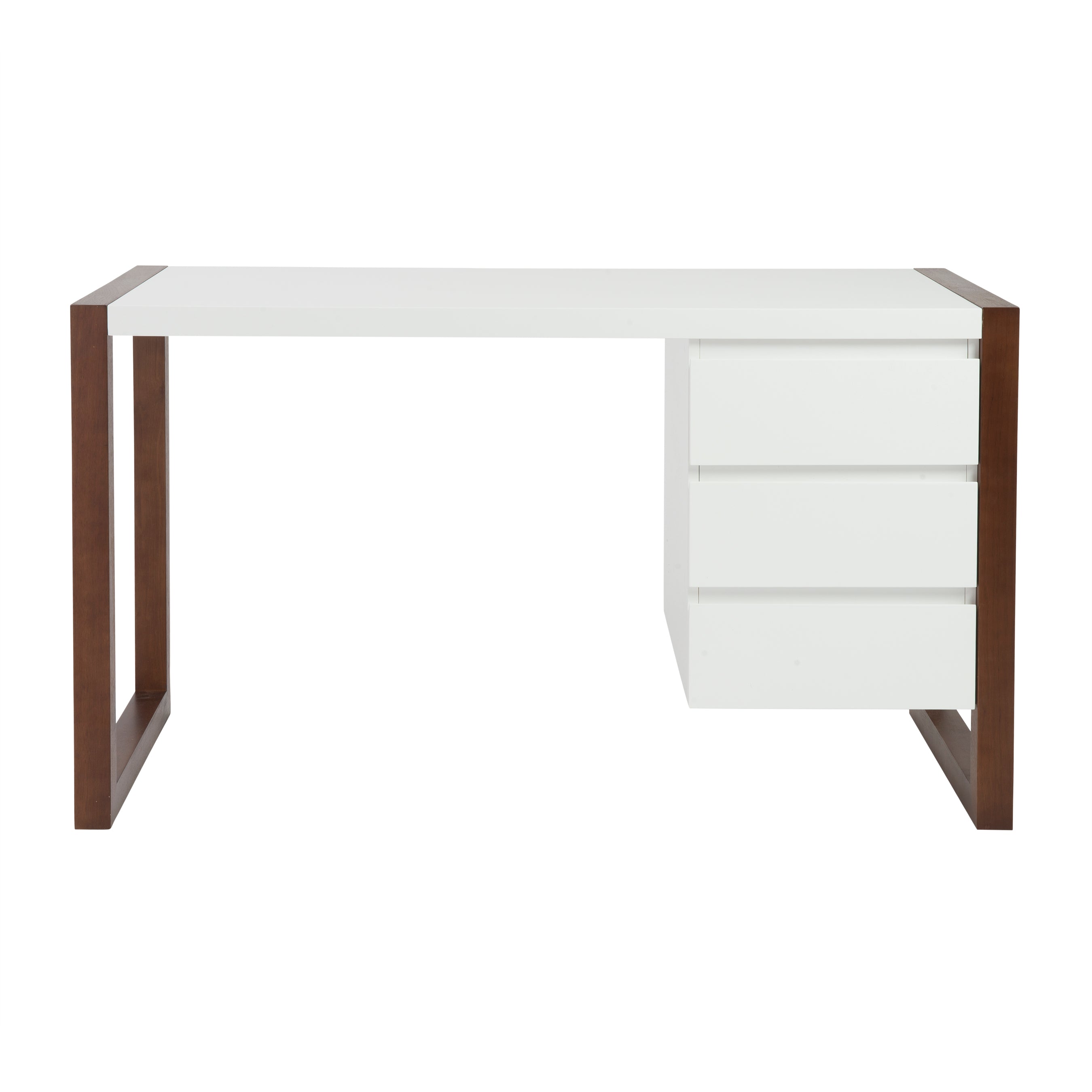 Manon Desk in Matte White with Dark Walnut Finish - Three Drawers