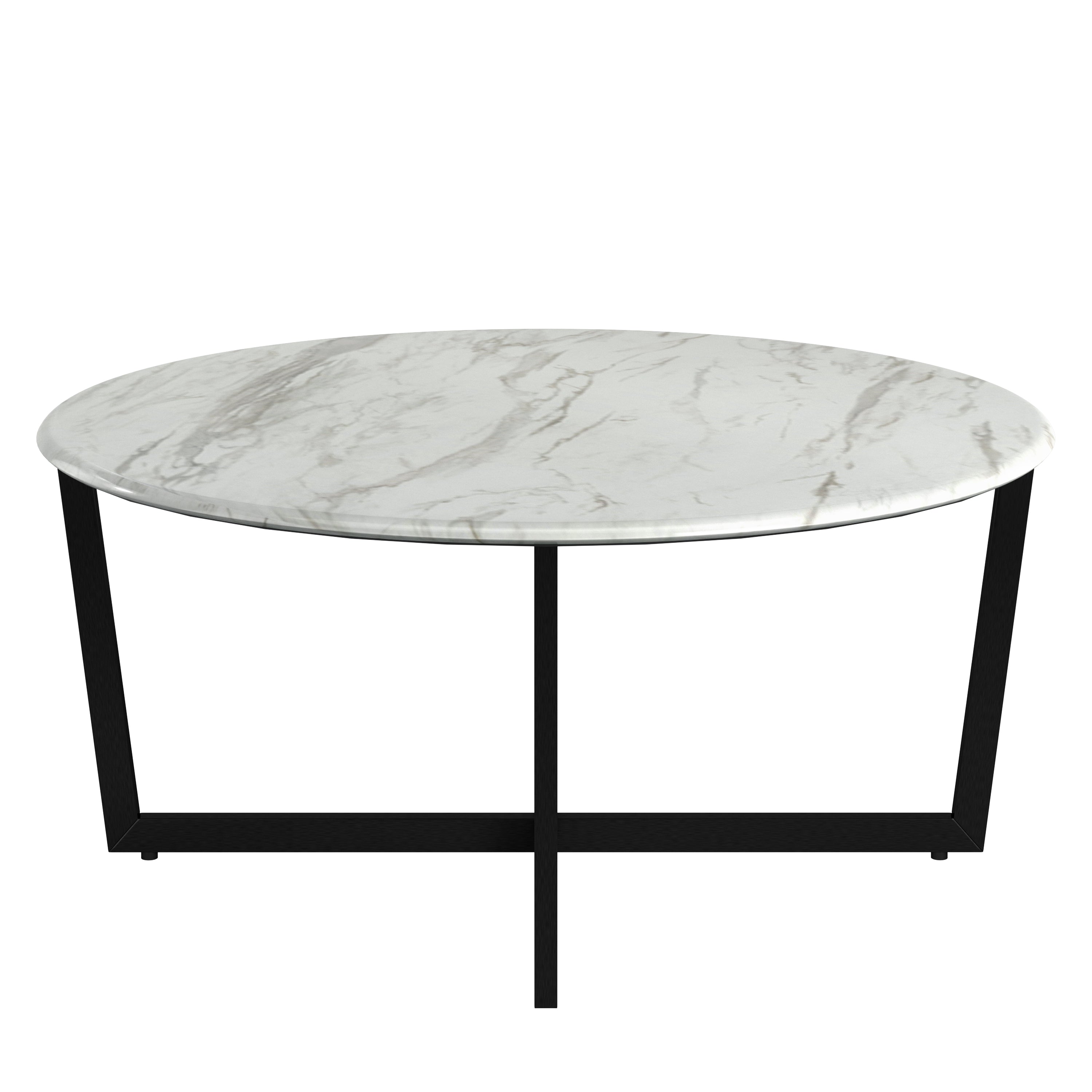 Llona Round Coffee Table in White Marble Melamine with Matte Black Base