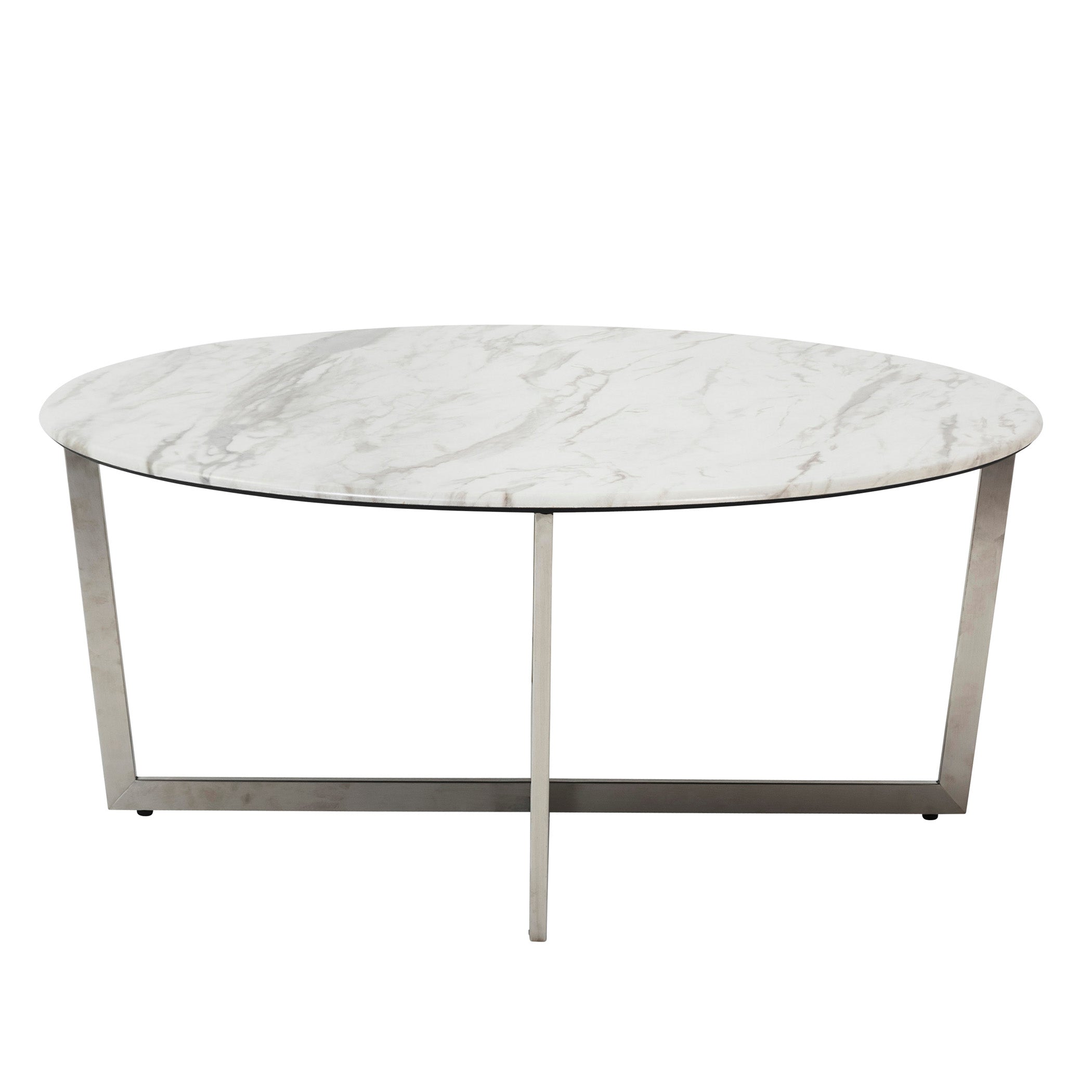 Llona Round Coffee Table in White Marble Melamine with Brushed Stainless Steel Base