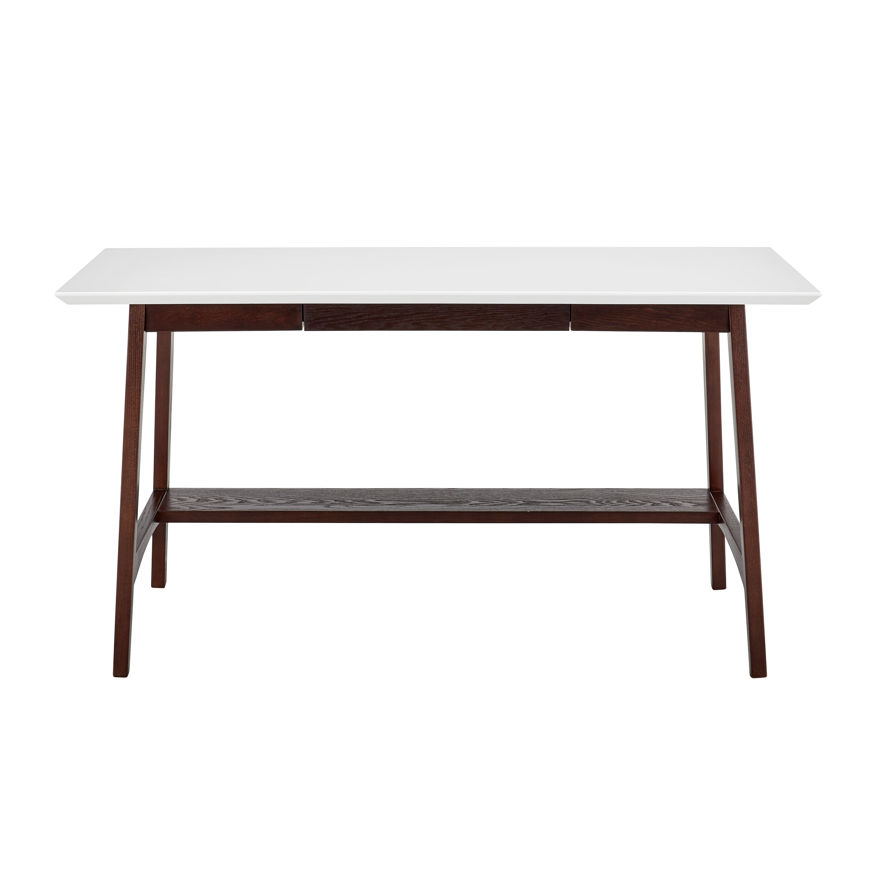 Manon Desk in Matte White with Dark Walnut Legs and Shelf