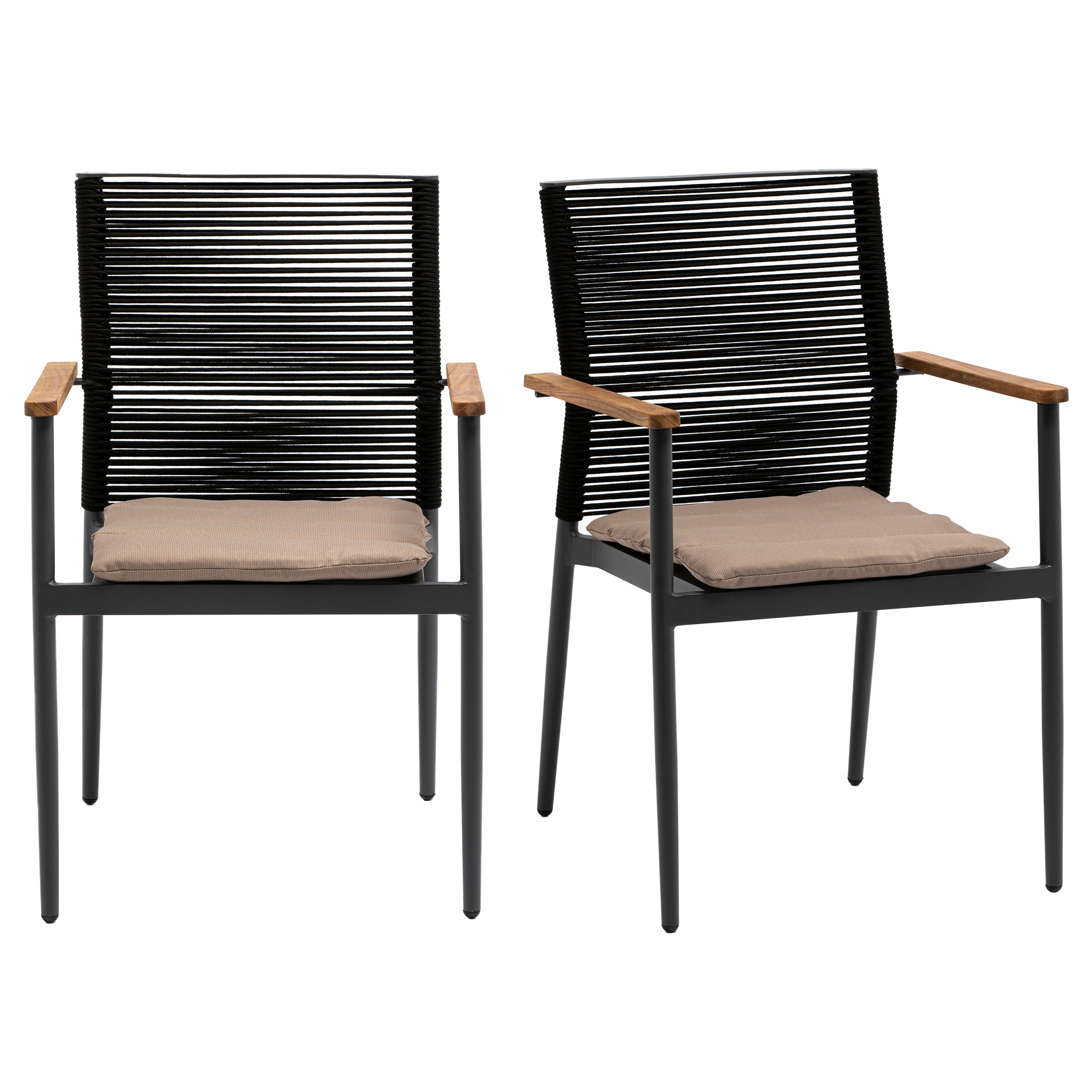 Skog Stackable Armchair in Black Rope Back, Taupe Fabric Seat with Anthracite Frame - Set of 2